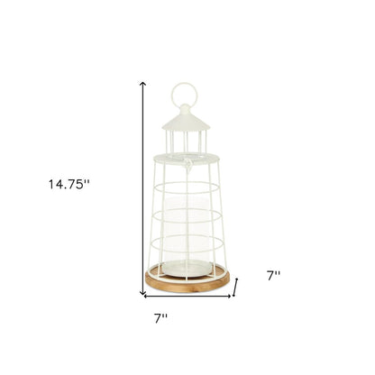 15" White And Natural Metal And Wood Lighthouse Tabletop Lantern Candle Holder HomeRoots