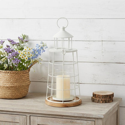 15" White And Natural Metal And Wood Lighthouse Tabletop Lantern Candle Holder HomeRoots