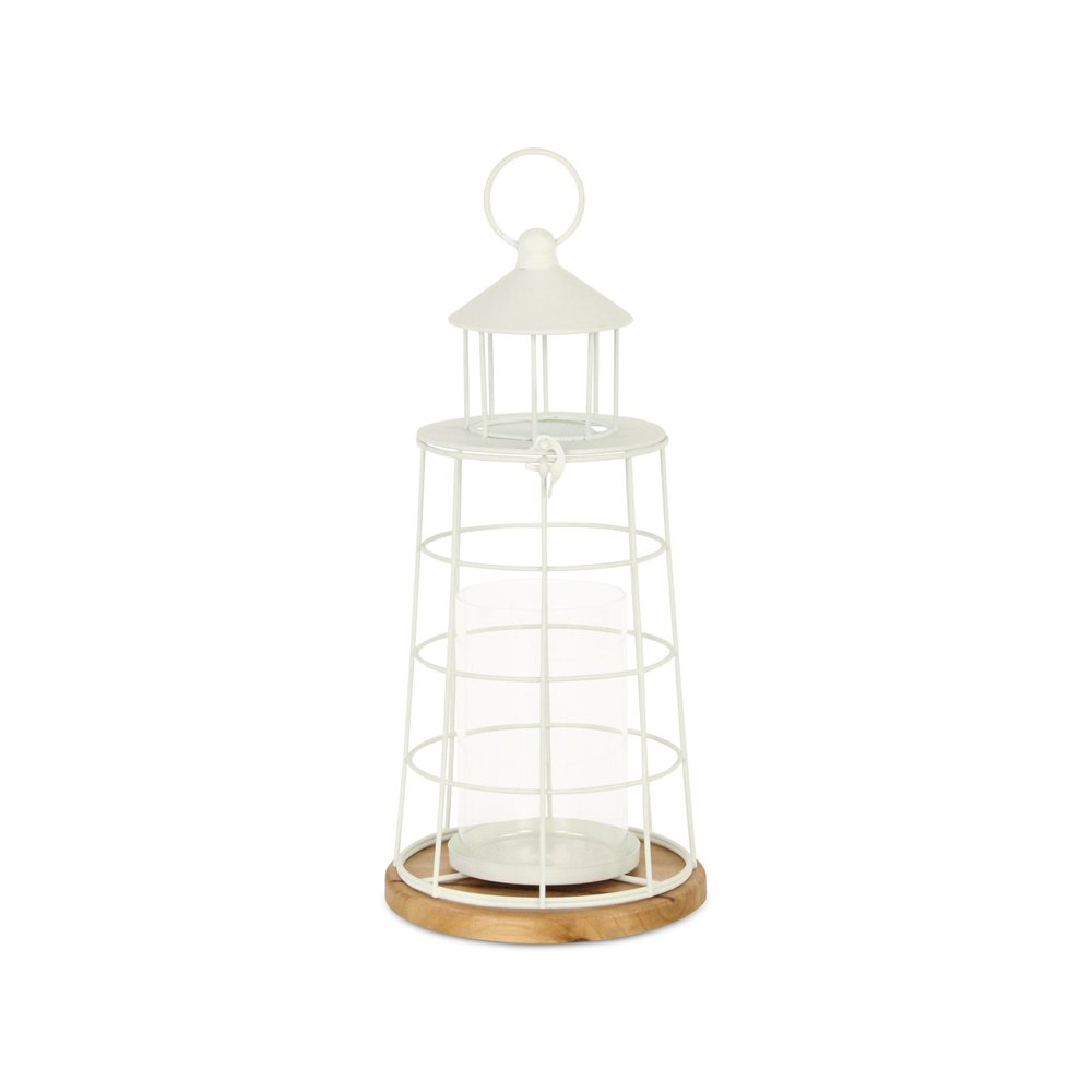 15" White And Natural Metal And Wood Lighthouse Tabletop Lantern Candle Holder HomeRoots