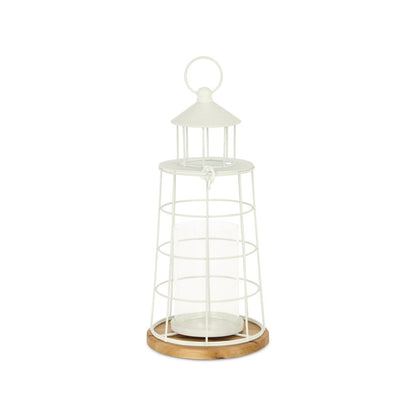 15" White And Natural Metal And Wood Lighthouse Tabletop Lantern Candle Holder HomeRoots