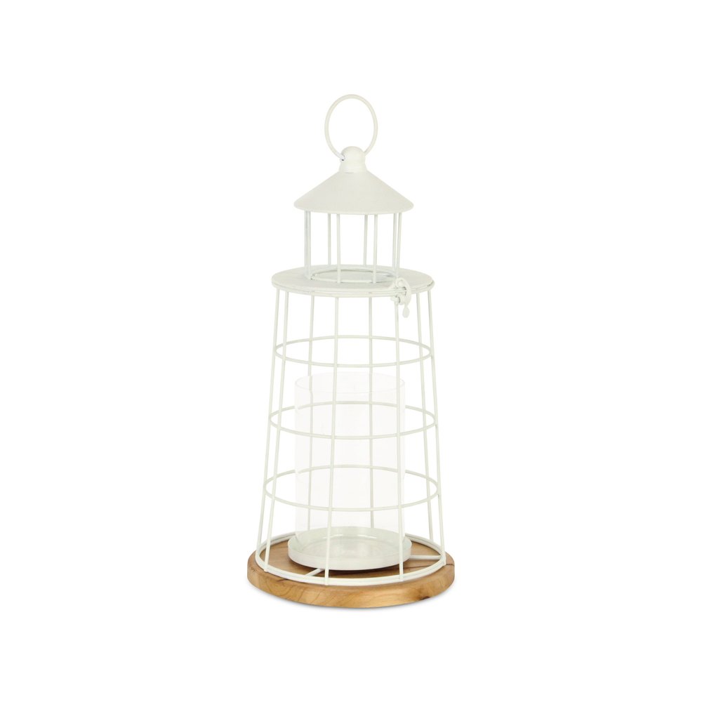 15" White And Natural Metal And Wood Lighthouse Tabletop Lantern Candle Holder HomeRoots