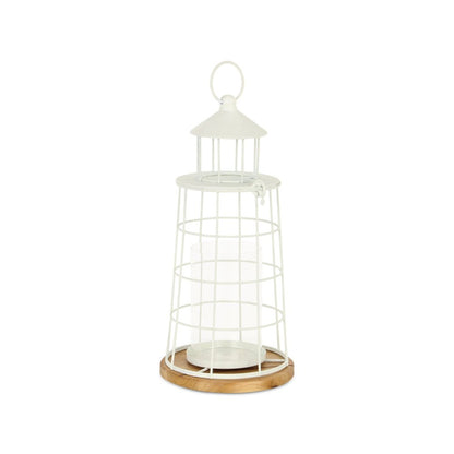 15" White And Natural Metal And Wood Lighthouse Tabletop Lantern Candle Holder HomeRoots