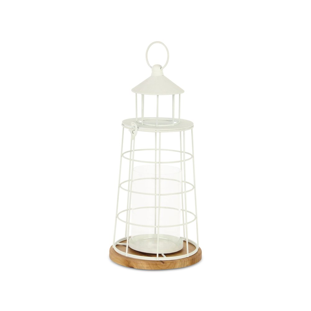 15" White And Natural Metal And Wood Lighthouse Tabletop Lantern Candle Holder HomeRoots