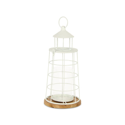 15" White And Natural Metal And Wood Lighthouse Tabletop Lantern Candle Holder HomeRoots