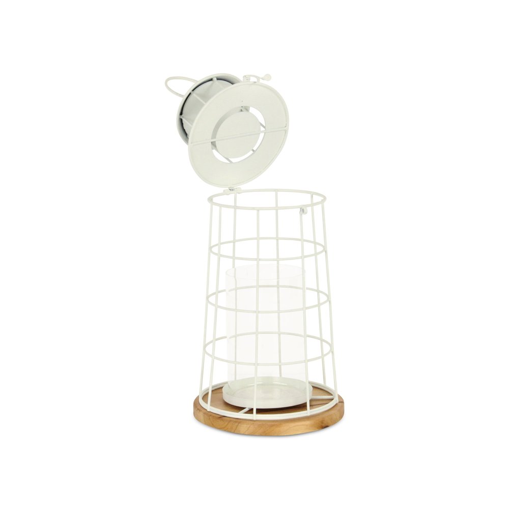 15" White And Natural Metal And Wood Lighthouse Tabletop Lantern Candle Holder HomeRoots