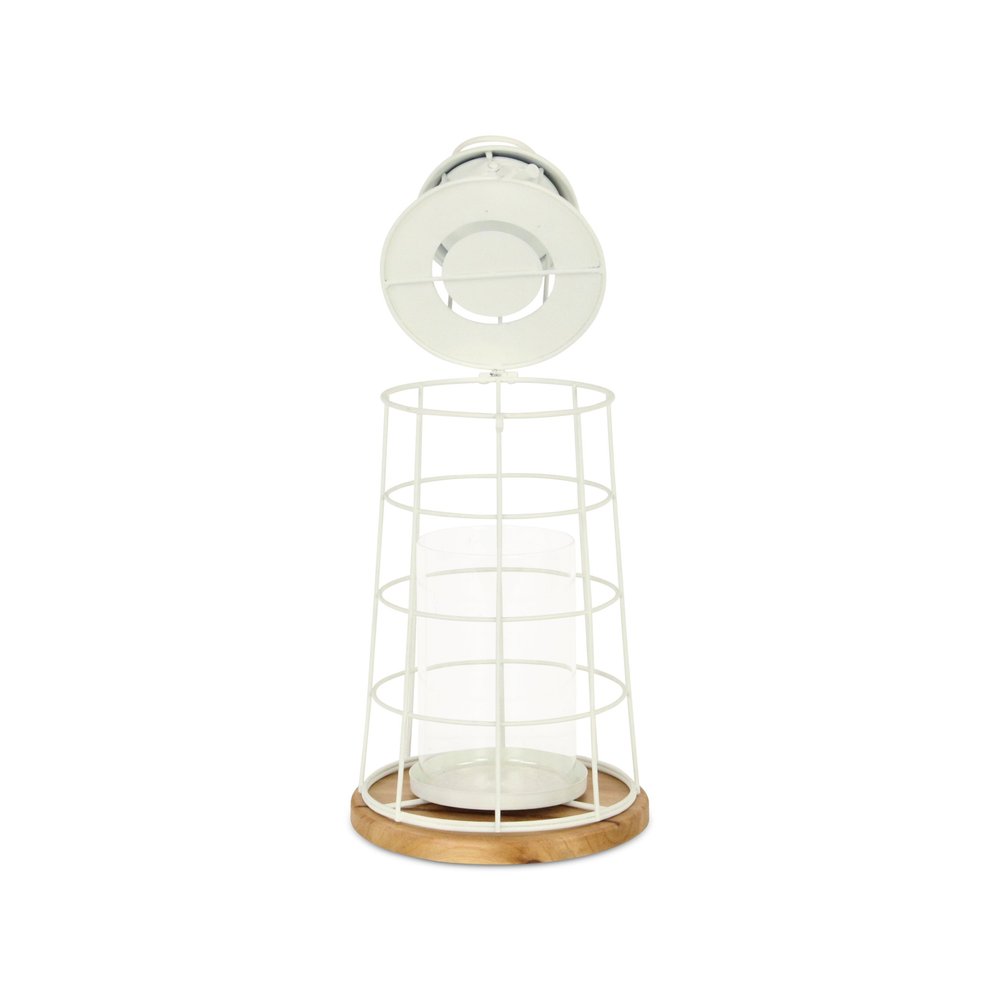 15" White And Natural Metal And Wood Lighthouse Tabletop Lantern Candle Holder HomeRoots