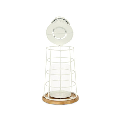 15" White And Natural Metal And Wood Lighthouse Tabletop Lantern Candle Holder HomeRoots