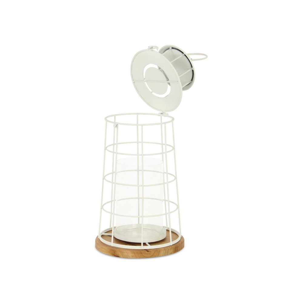 15" White And Natural Metal And Wood Lighthouse Tabletop Lantern Candle Holder HomeRoots