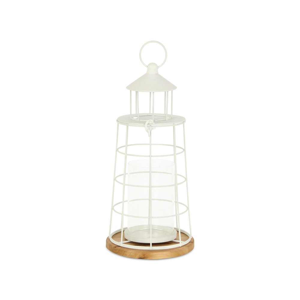 15" White And Natural Metal And Wood Lighthouse Tabletop Lantern Candle Holder HomeRoots