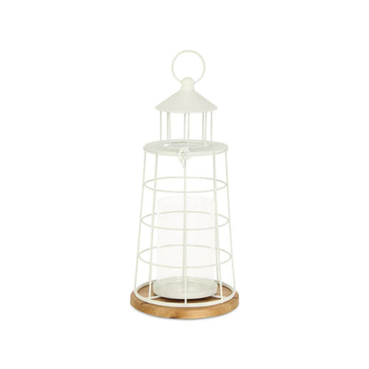 15" White And Natural Metal And Wood Lighthouse Tabletop Lantern Candle Holder HomeRoots
