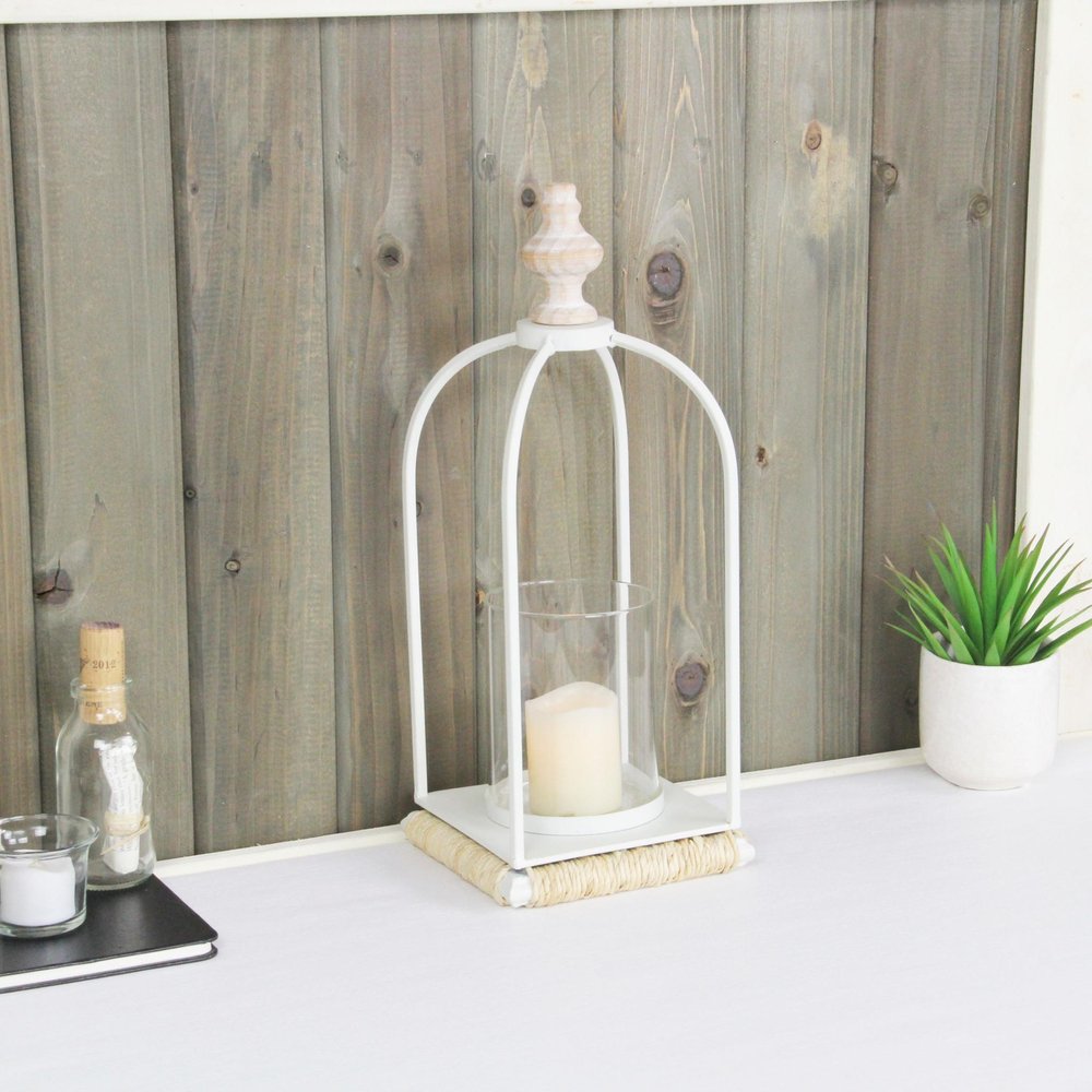 14" White Metal With Wood And Rope Tabletop Lantern Candle Holder HomeRoots