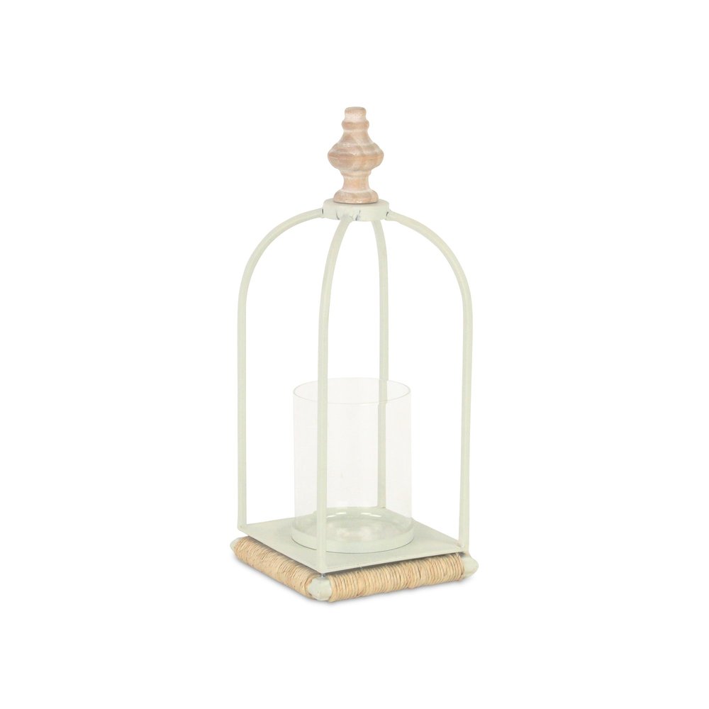 14" White Metal With Wood And Rope Tabletop Lantern Candle Holder — view 2