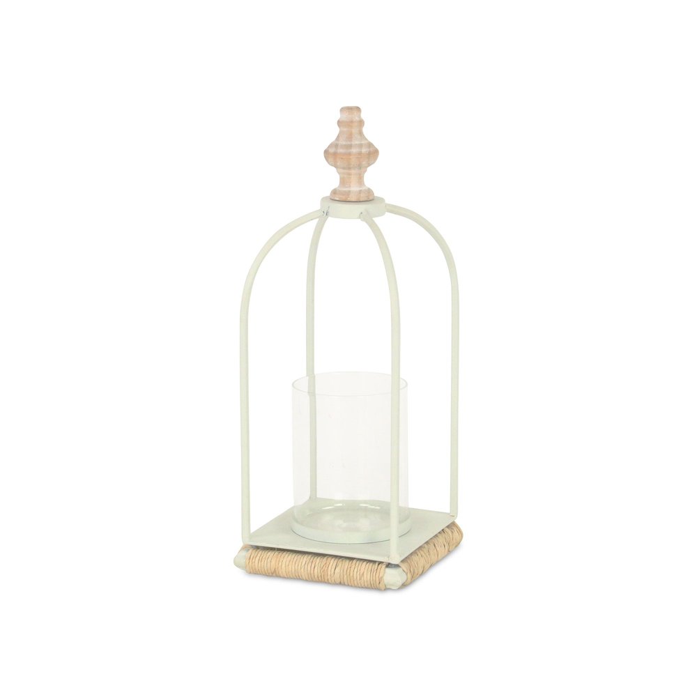 14" White Metal With Wood And Rope Tabletop Lantern Candle Holder HomeRoots