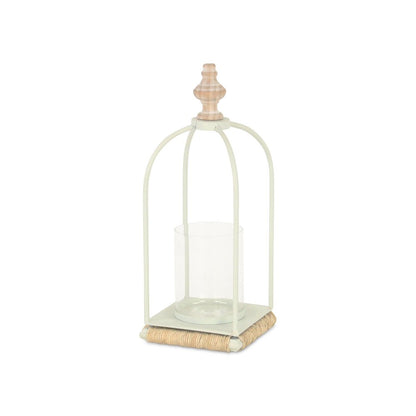 14" White Metal With Wood And Rope Tabletop Lantern Candle Holder HomeRoots