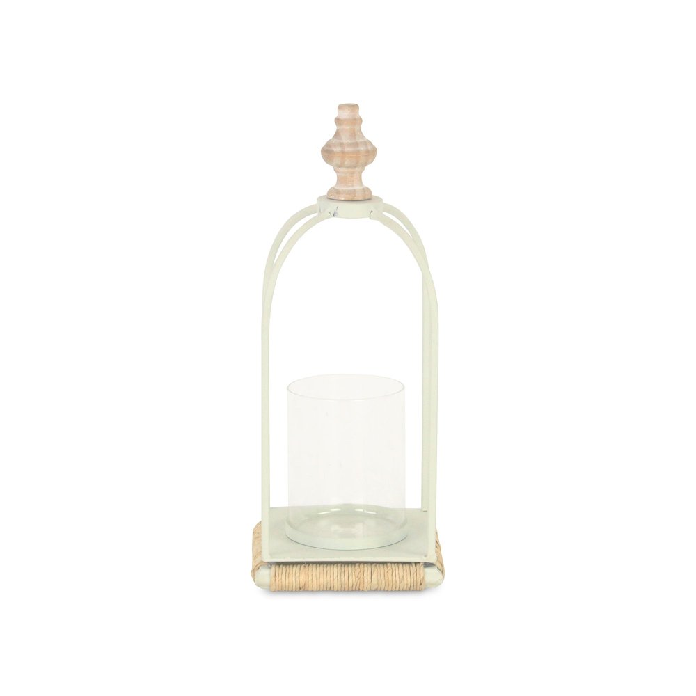 14" White Metal With Wood And Rope Tabletop Lantern Candle Holder HomeRoots