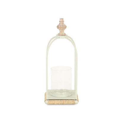 14" White Metal With Wood And Rope Tabletop Lantern Candle Holder HomeRoots