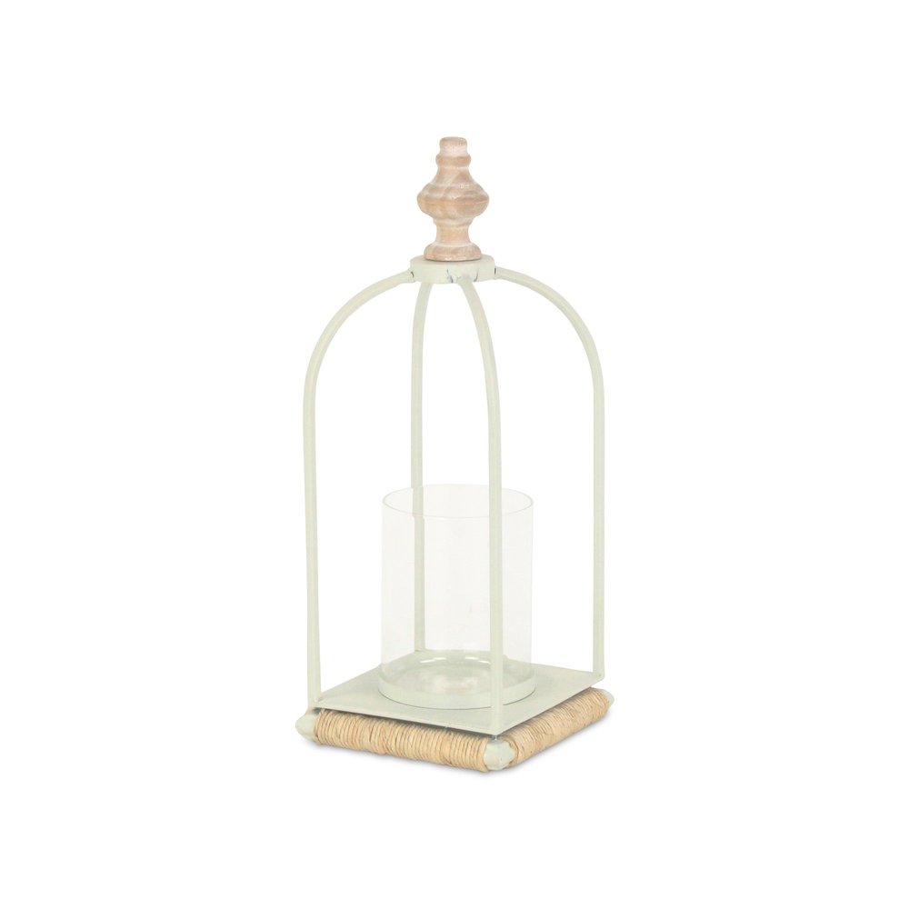 14" White Metal With Wood And Rope Tabletop Lantern Candle Holder HomeRoots
