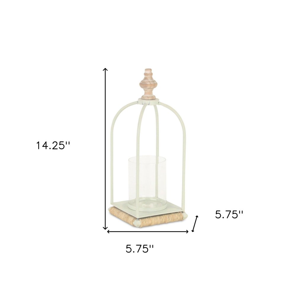 14" White Metal With Wood And Rope Tabletop Lantern Candle Holder HomeRoots