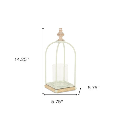 14" White Metal With Wood And Rope Tabletop Lantern Candle Holder HomeRoots