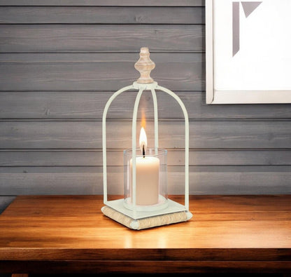 14" White Metal With Wood And Rope Tabletop Lantern Candle Holder HomeRoots