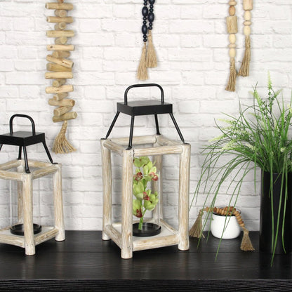 18" Black And Natural Distressed Glass Metal And Wood Tabletop Lantern Candle Holder HomeRoots