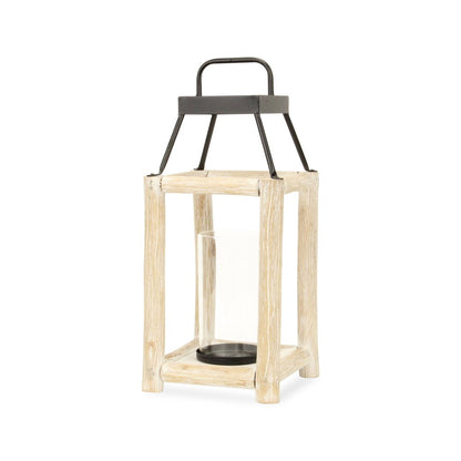 18" Black And Natural Distressed Glass Metal And Wood Tabletop Lantern Candle Holder HomeRoots