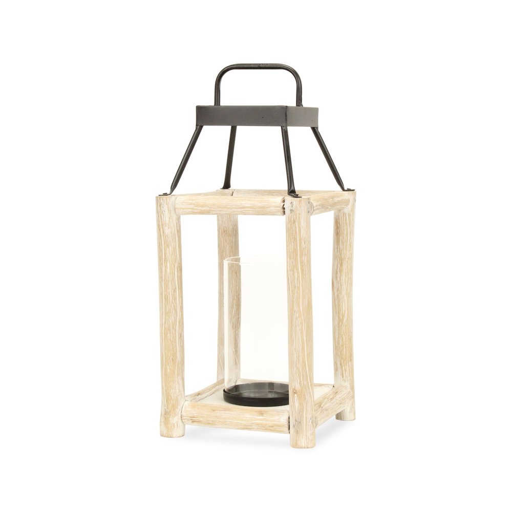 18" Black And Natural Distressed Glass Metal And Wood Tabletop Lantern Candle Holder HomeRoots