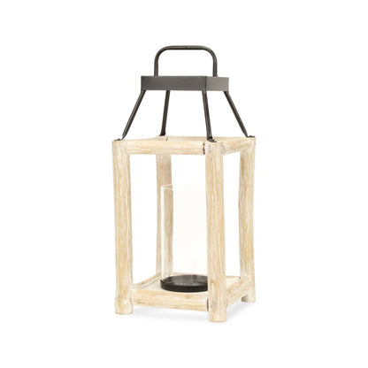 18" Black And Natural Distressed Glass Metal And Wood Tabletop Lantern Candle Holder HomeRoots