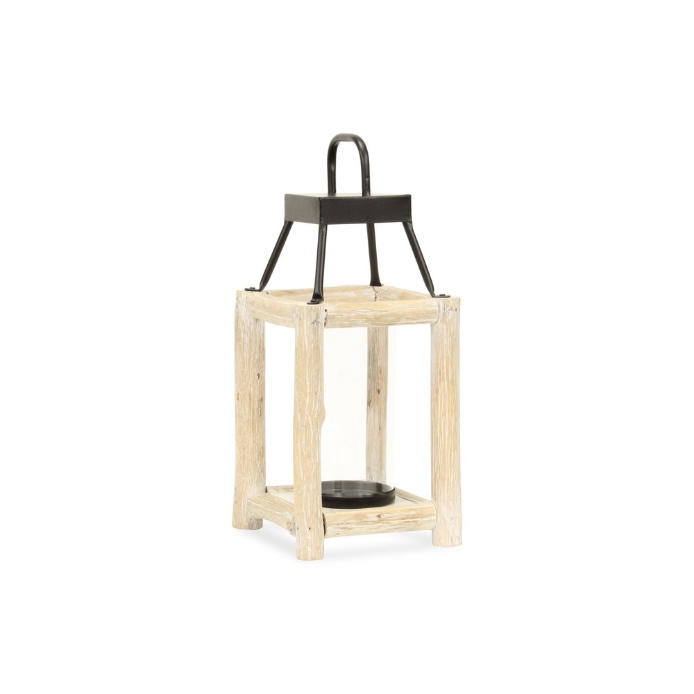 15" Natural And Black Glass Metal And Wood Tabletop Lantern Candle Holder HomeRoots