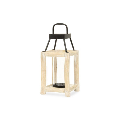 15" Natural And Black Glass Metal And Wood Tabletop Lantern Candle Holder HomeRoots