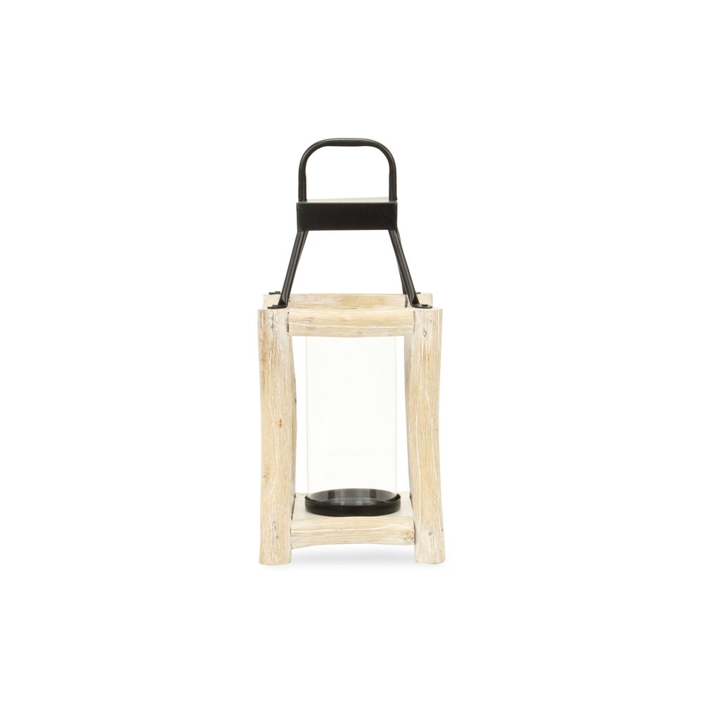 15" Natural And Black Glass Metal And Wood Tabletop Lantern Candle Holder HomeRoots