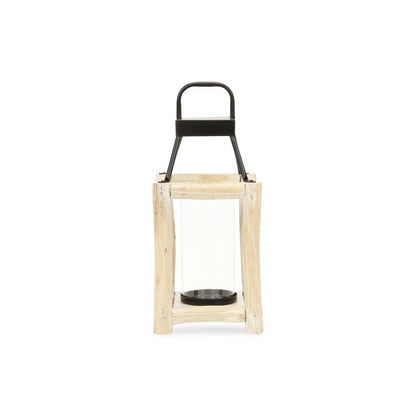 15" Natural And Black Glass Metal And Wood Tabletop Lantern Candle Holder HomeRoots