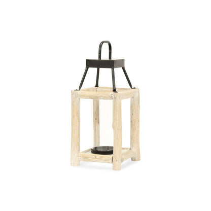 15" Natural And Black Glass Metal And Wood Tabletop Lantern Candle Holder HomeRoots