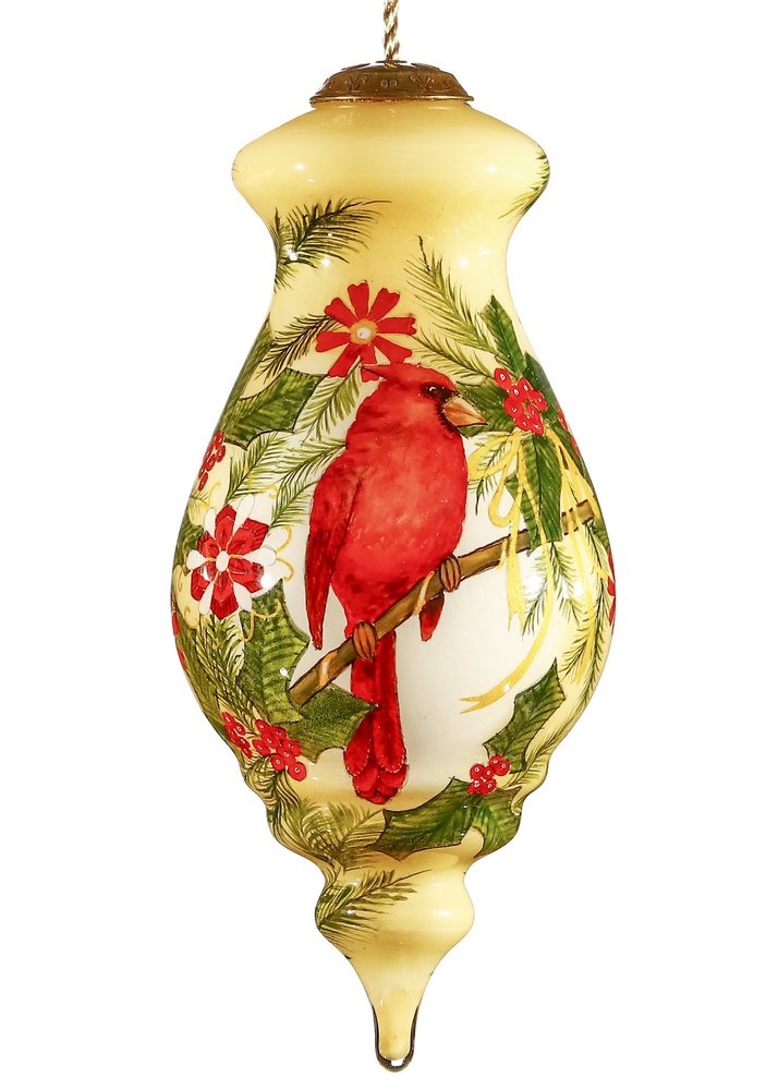 Merry Christmas Cardinal Christmas Hand Painted Red Green And Cream Glass Finial Ornament HomeRoots