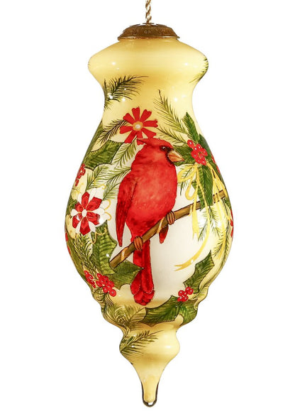 Merry Christmas Cardinal Christmas Hand Painted Red Green And Cream Glass Finial Ornament HomeRoots