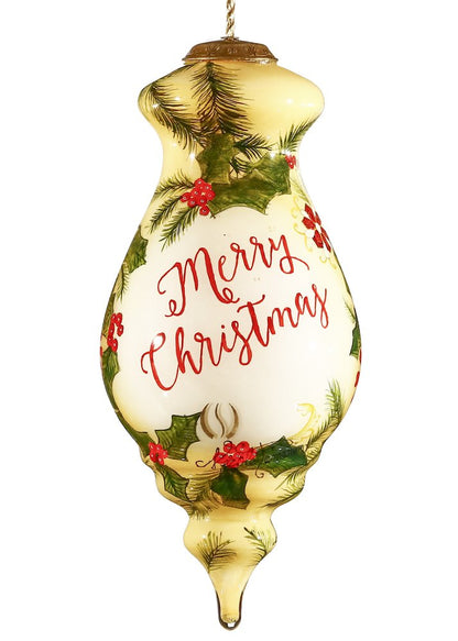 Merry Christmas Cardinal Christmas Hand Painted Red Green And Cream Glass Finial Ornament HomeRoots