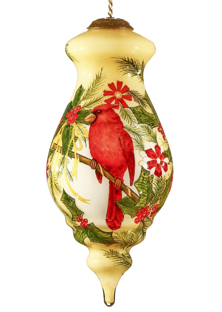 Merry Christmas Cardinal Christmas Hand Painted Red Green And Cream Glass Finial Ornament HomeRoots