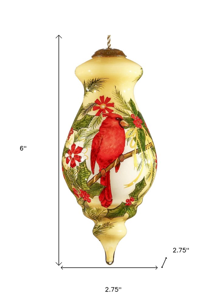 Merry Christmas Cardinal Christmas Hand Painted Red Green And Cream Glass Finial Ornament HomeRoots