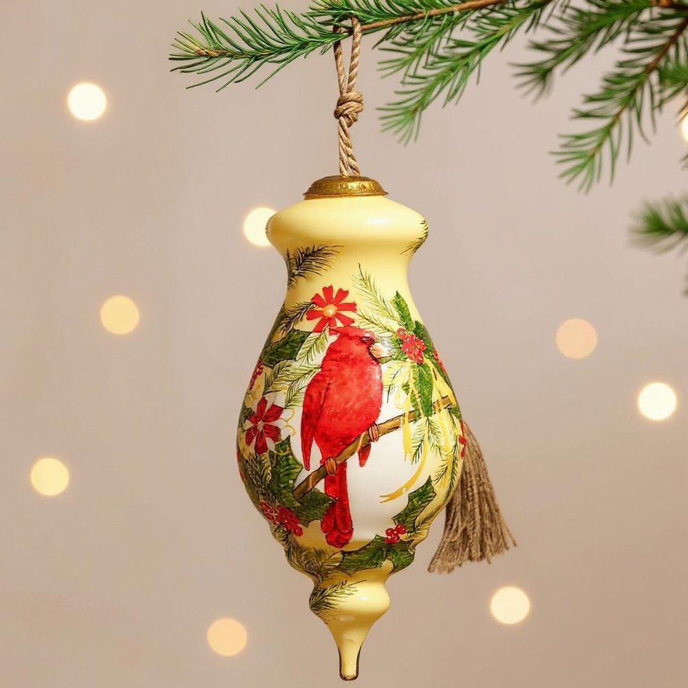 Merry Christmas Cardinal Christmas Hand Painted Red Green And Cream Glass Finial Ornament HomeRoots