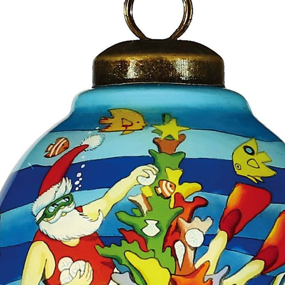Christmas Santa Under The Sea Hand Painted Yellow Blue And Red Glass Finial Ornament HomeRoots