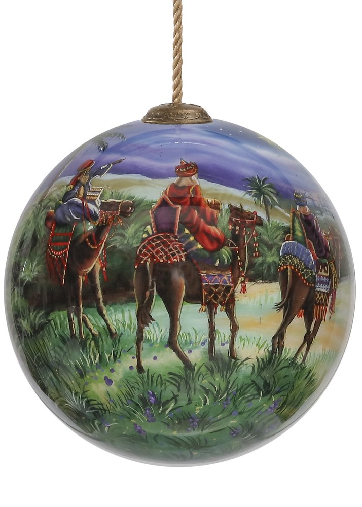 We Three Kings Hand Painted Teal Blue Green And Brown Glass Ball Ornament HomeRoots