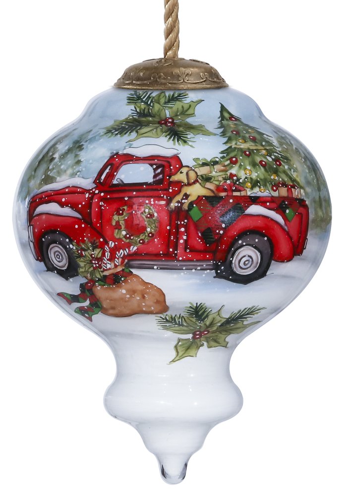 Red Truck Christmas Hand Painted Red Green And White Glass Finial Ornament HomeRoots