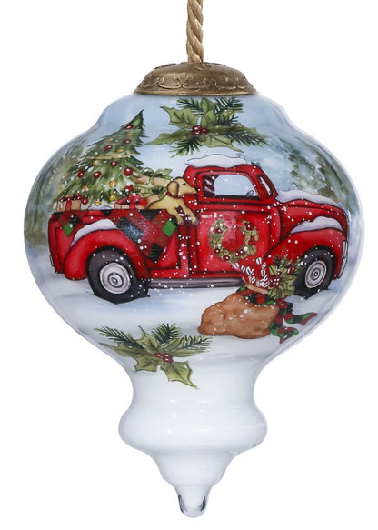 Red Truck Christmas Hand Painted Red Green And White Glass Finial Ornament HomeRoots