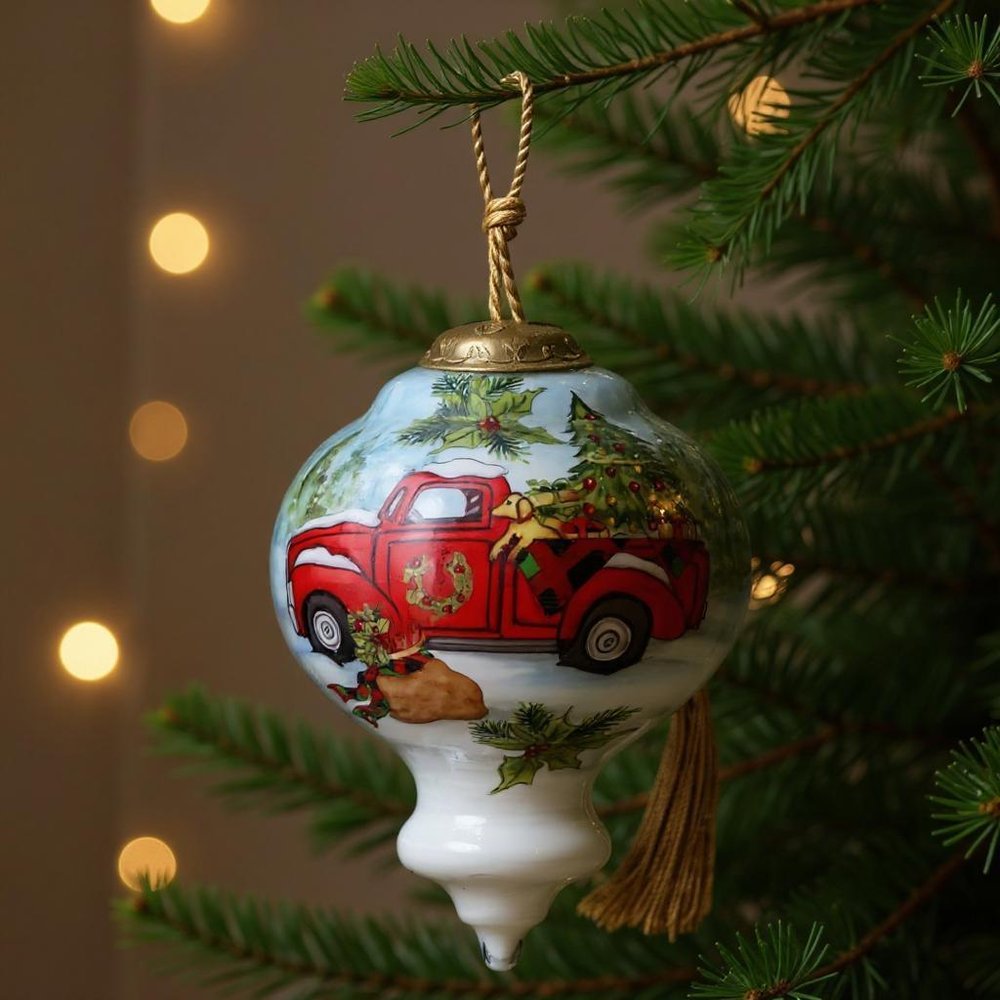 Red Truck Christmas Hand Painted Red Green And White Glass Finial Ornament HomeRoots