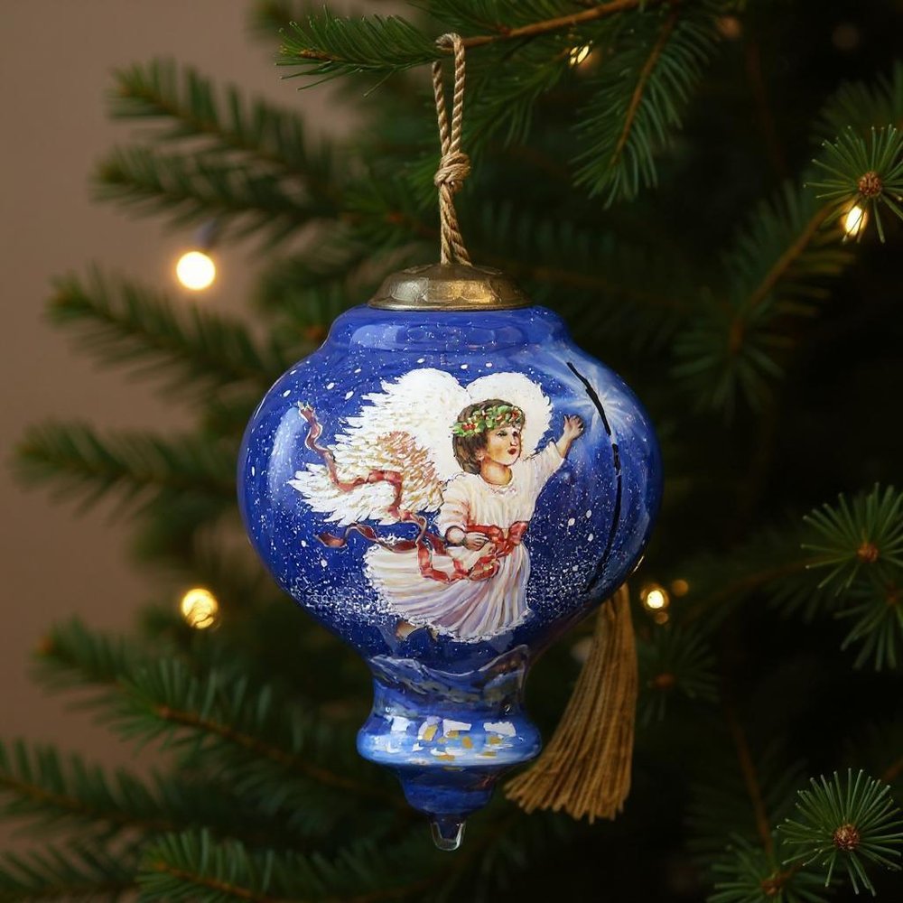 Angel of Peace Hand Painted Blue And White Glass Finial Ornament HomeRoots