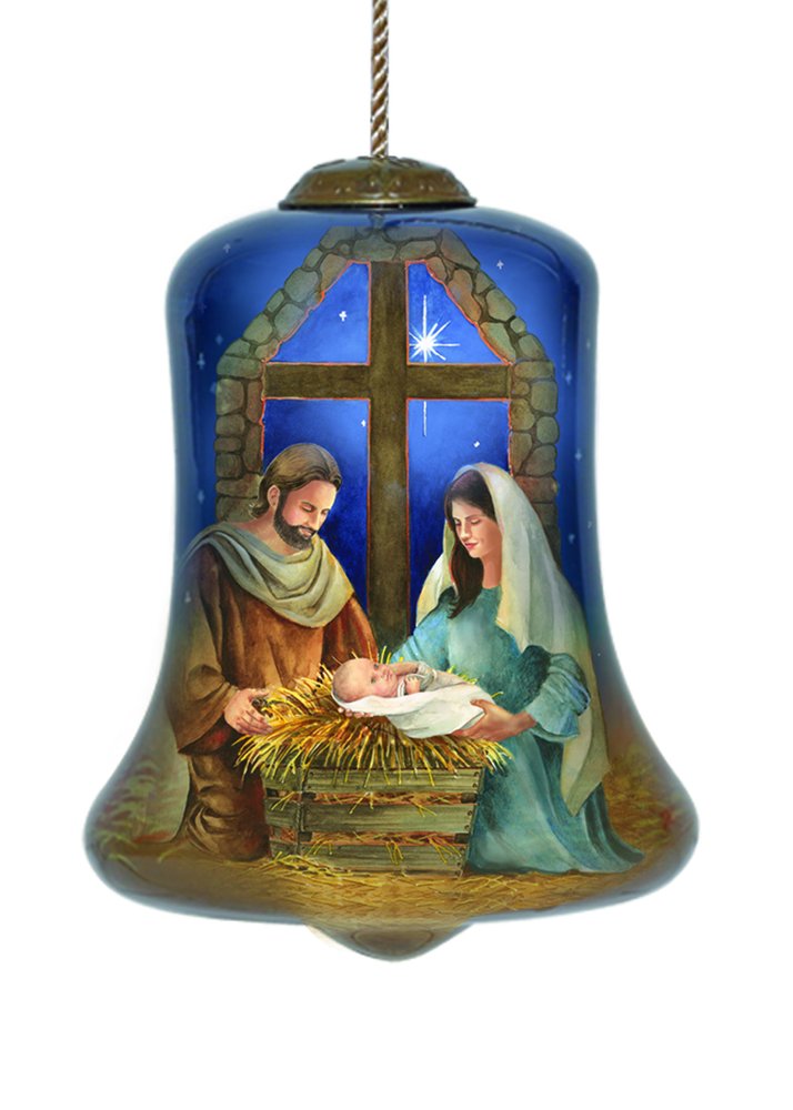 Chrild is Born Hand Painted Blue And Brown Glass Holiday Shaped Ornament HomeRoots