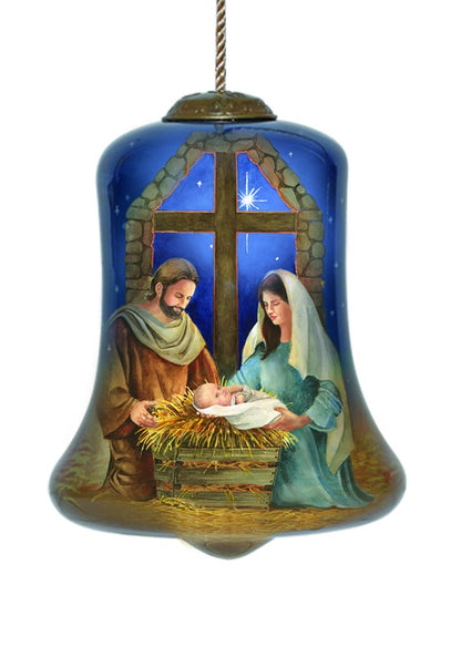 Chrild is Born Hand Painted Blue And Brown Glass Holiday Shaped Ornament HomeRoots