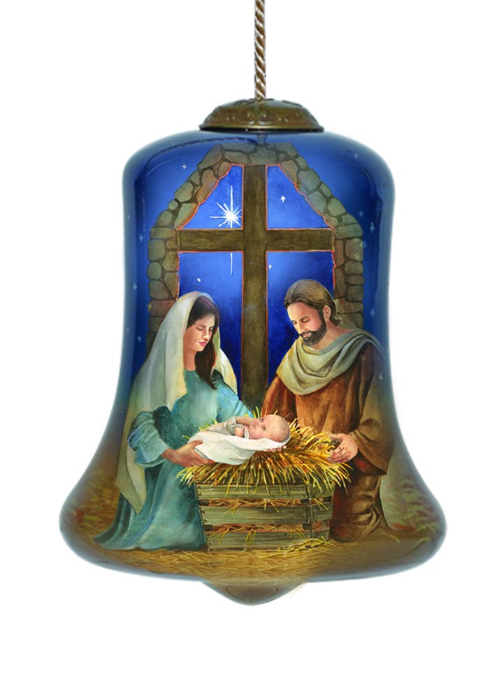 Chrild is Born Hand Painted Blue And Brown Glass Holiday Shaped Ornament HomeRoots