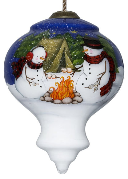 Love you Smore Snowman Hand Painted White Blue And Green Glass Finial Ornament HomeRoots