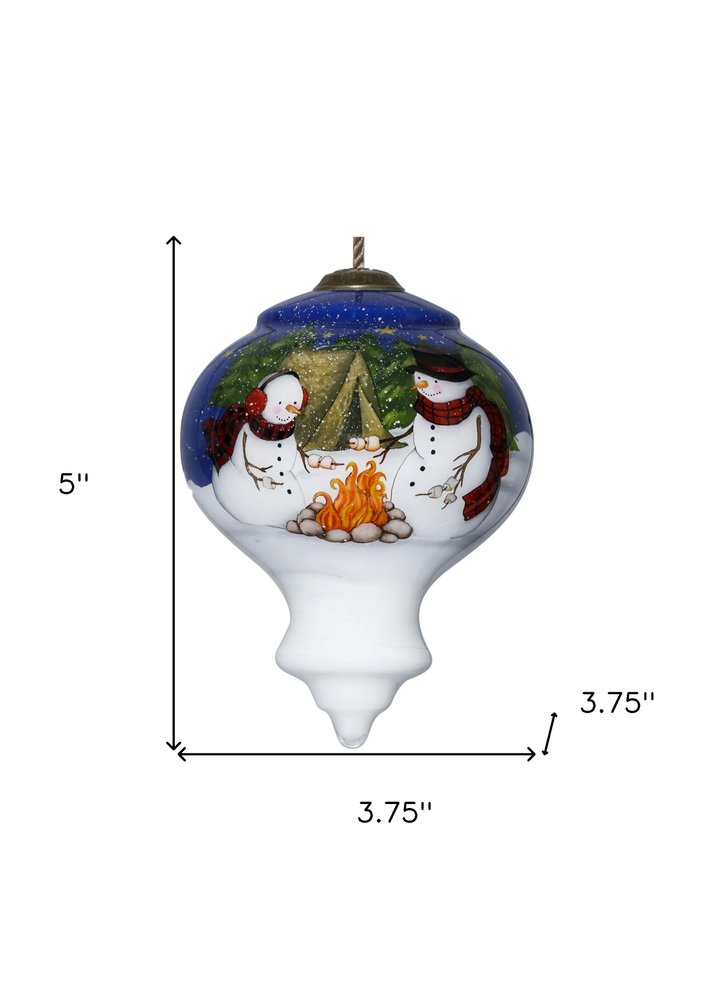 Love you Smore Snowman Hand Painted White Blue And Green Glass Finial Ornament HomeRoots